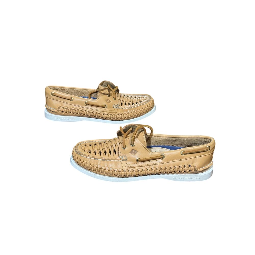 Sperry Tan Woven Leather Boat Shoes